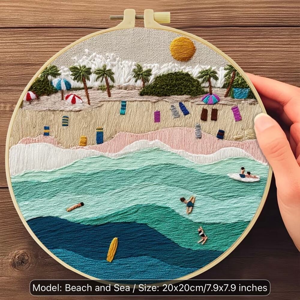 NIP Handmade DIY Embroidered Set; Sea and Beach Scene